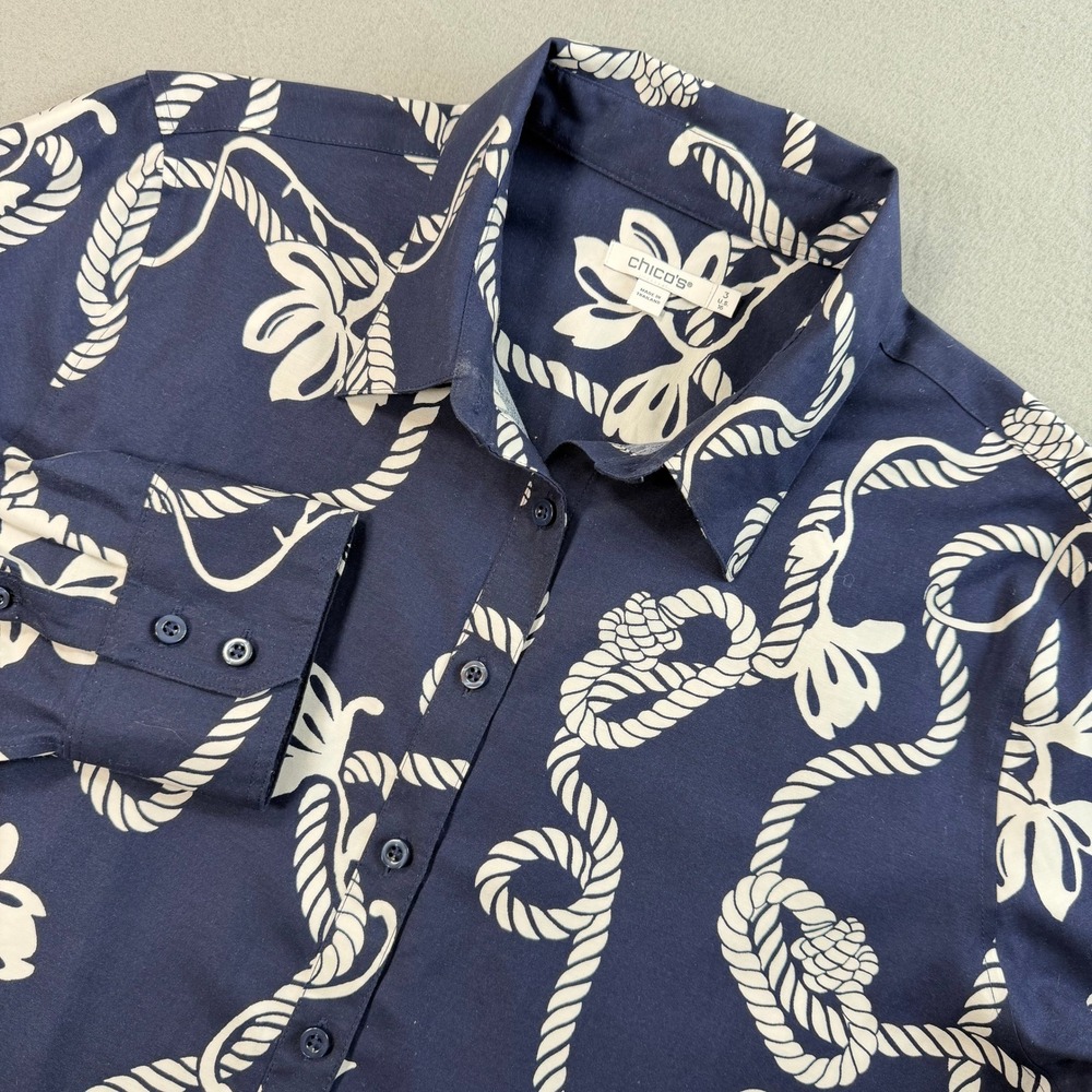Chicos Navy Blue Button Down Shirt 3XL Nautical Rope Print Coastal Career Wear - Picture 9 of 9